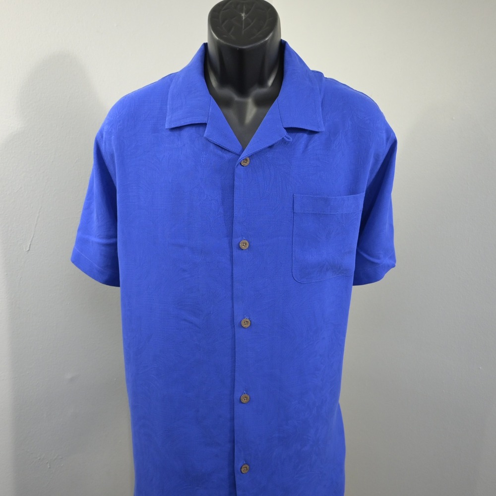 Tommy Bahama Hawaiian Shirt Mens XXL Blue Silk Floral Jacquard SS Button Up